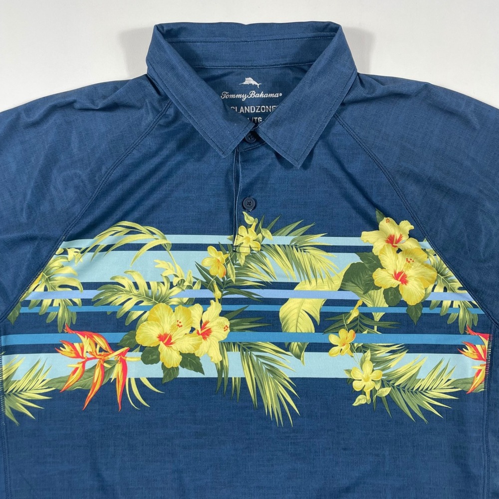 Tommy Bahama IslandZone Polo Shirt Mens‎ XL Floral Tropical AOP Blue Performance